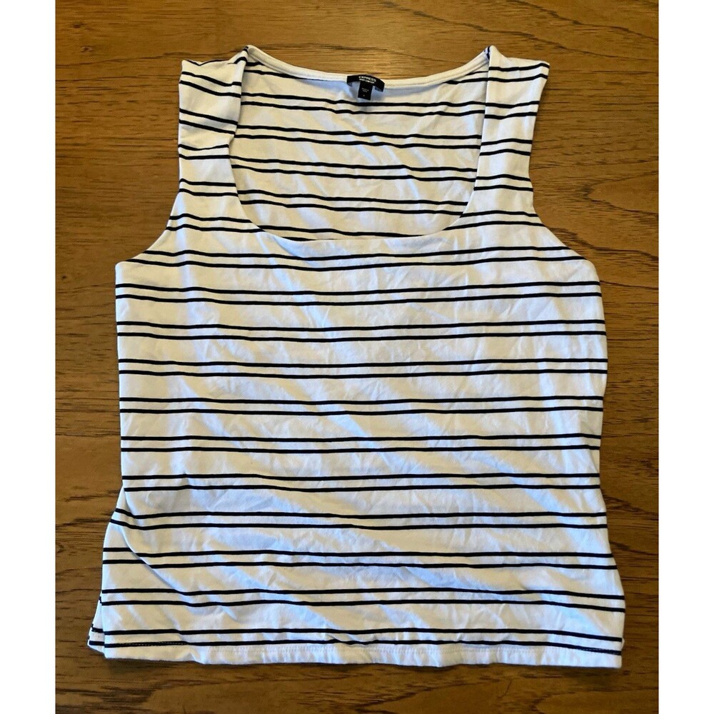 Express Women's White & Black Striped Knit Round Neck Tank Pullover Size L